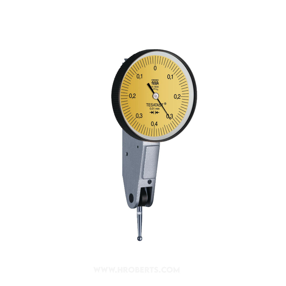 Tesa 01810006 Tesatast Lever Dial Indicator Horizontal Type, Graduation 0.01mm, Range 0.8mm, Scale 0-0.4-0, Stylus Length 12.53mm, Bezel Diameter 38mm