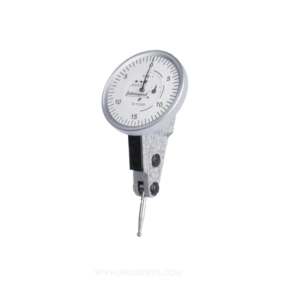 Interapid 074111370 Lever Dial Indicator Horizontal Type, Graduation 0.0005", Range 0.060", Scale 0-15-0, Stylus Length 0.65", Bezel Diameter 1.1/2"