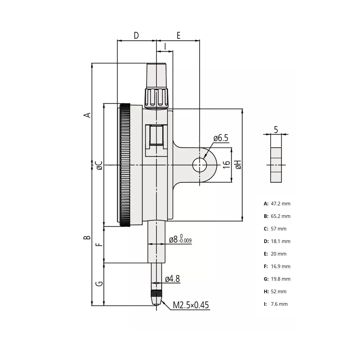 Mitutoyo 2046A Dial Indicator, Graduation 0.01mm, Range 10mm, Scale 0-100, Bezel Diameter 57mm