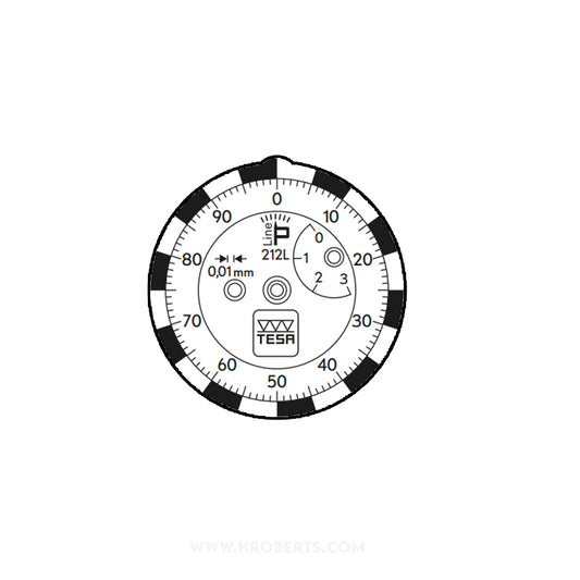 Tesa P-Line 01810402 Lever Dial Indicator Horizontal Type 212L, Graduation 0.01mm, Range 3mm, Scale 0-50-100, Stylus Length 36mm, Bezel Diameter 27mm