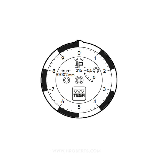 Tesa P-Line 01810404 Lever Dial Indicator Horizontal Type 215, Graduation 0.002mm, Range 0.6mm, Scale 0-5-10, Stylus Length 18mm, Bezel Diameter 27mm