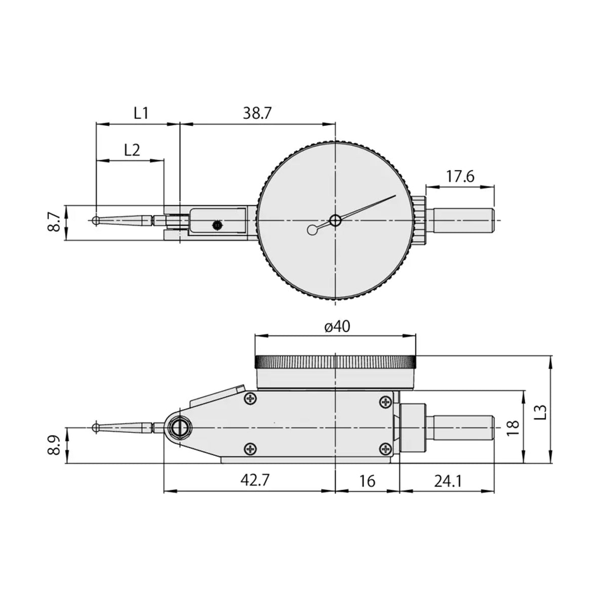 Mitutoyo 513-404-10E Lever Dial Indicator Horizontal Type, Graduation 0.01mm, Range 0.8mm, Scale 0-40-0, Stylus Length 17.4mm, Bezel Diameter 40mm