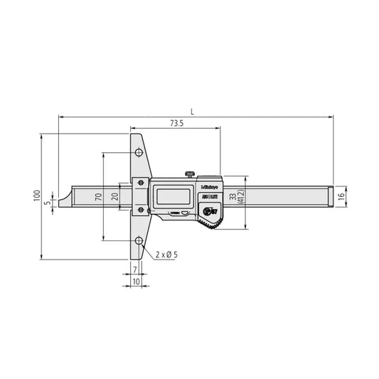 Mitutoyo 571-262-20 Absolute Digimatic Digital Coolant Proof Depth Gauge, Range 0-200mm / 0-8", Resolution  0.01mm / 0.0005", Base 100 x 6mm, IP67 with SPC Data Output