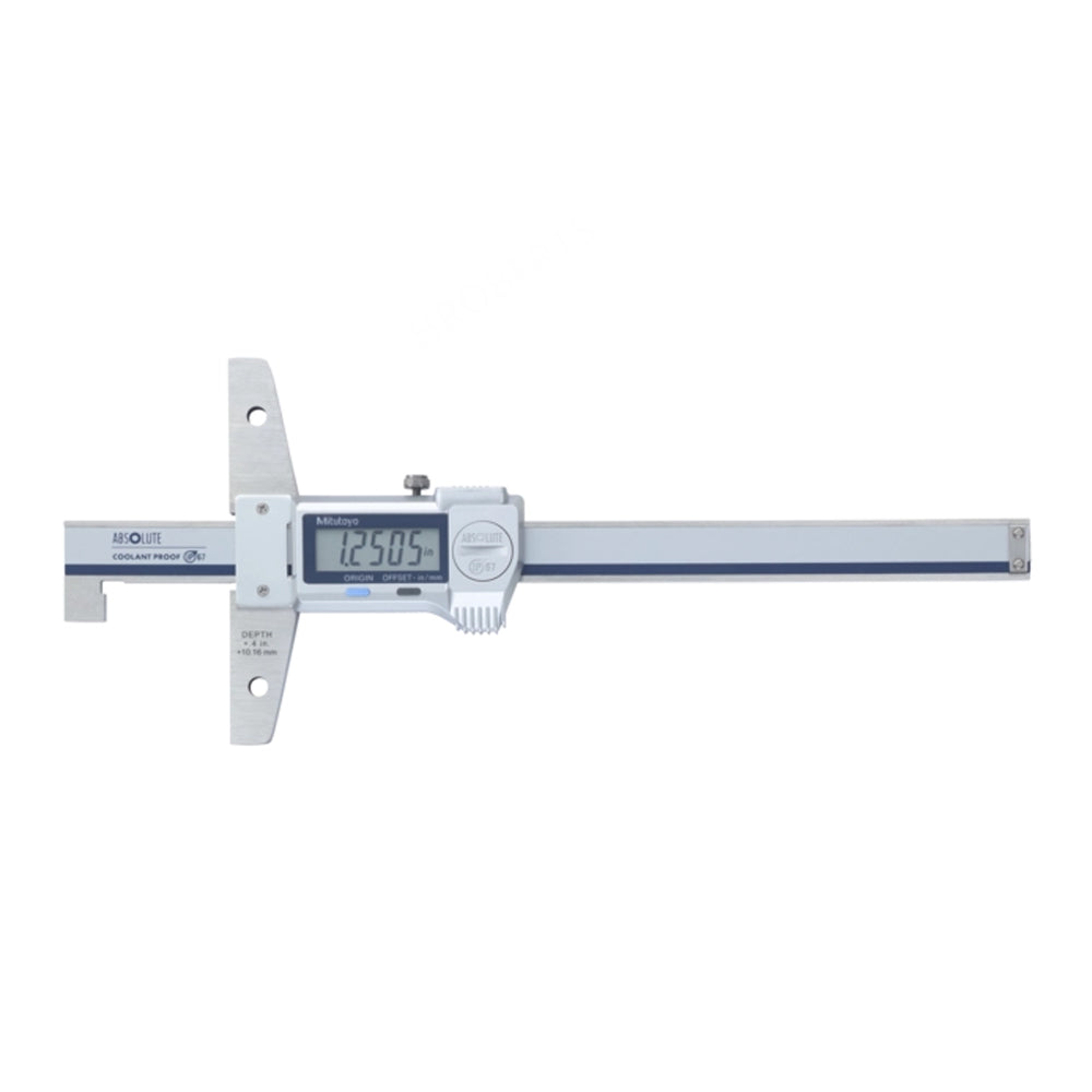 Mitutoyo 571-264-20 Absolute Digimatic Digital Coolant Proof Hook End Depth Gauge, Range 10-160mm / 0.4-6.4" Depth Reading, 0-150mm / 0-6" Hook Reading, Resolution  0.01mm / 0.0005", Base 100 x 6.3mm, IP67 with SPC Data Output