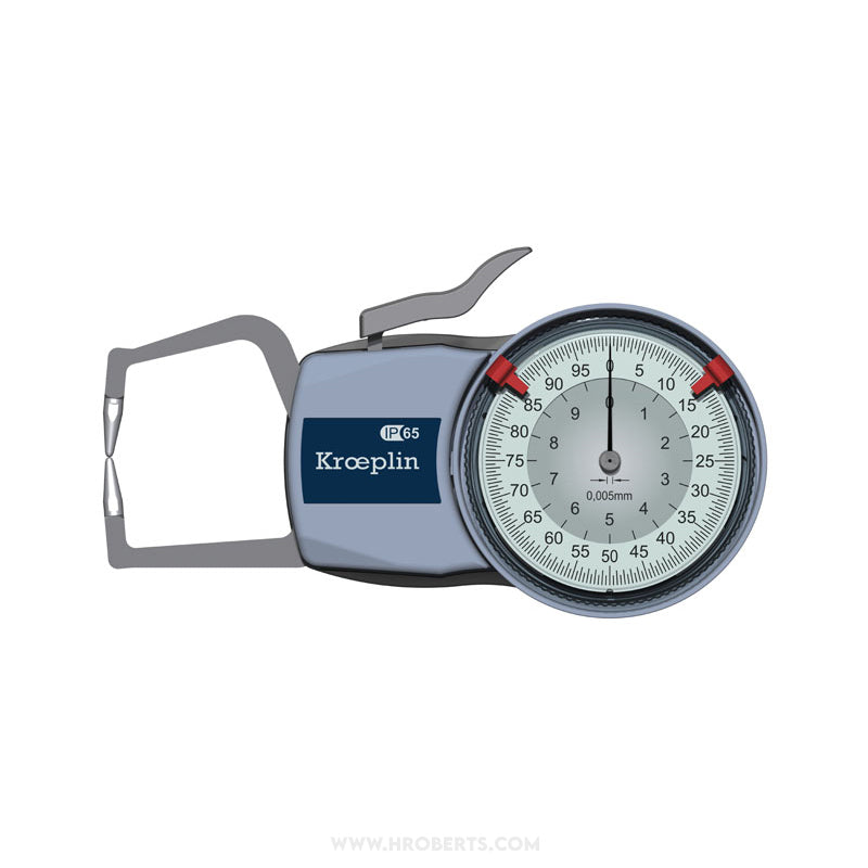 Kroeplin D110 External Dial Caliper Gauge, Range 0-10mm, Graduation 0.005mm, Measuring Depth 35mm, Measuring Contact Ball 1.5mm Diameter, IP65 Protection