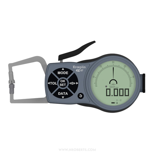 Kroeplin K110T Digital External Caliper Gauge, Range 0-10mm, Resolution 0.001, 0.002, 0.005, 0.01, 0.02, 0.05mm, Measuring Depth 35mm, Measuring Contact Flat 6mm, IP67 Protection, Metric / Imperial Switchable