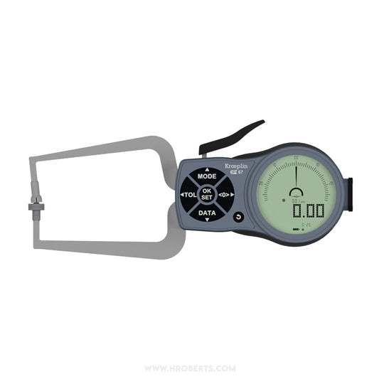 Kroeplin K220T Digital External Caliper Gauge, Range 0-20mm, Resolution 0.001, 0.002, 0.005, 0.01, 0.02, 0.05mm, Measuring Depth 85mm, Measuring Contact Flat 10mm, IP67 Protection, Metric / Imperial Switchable