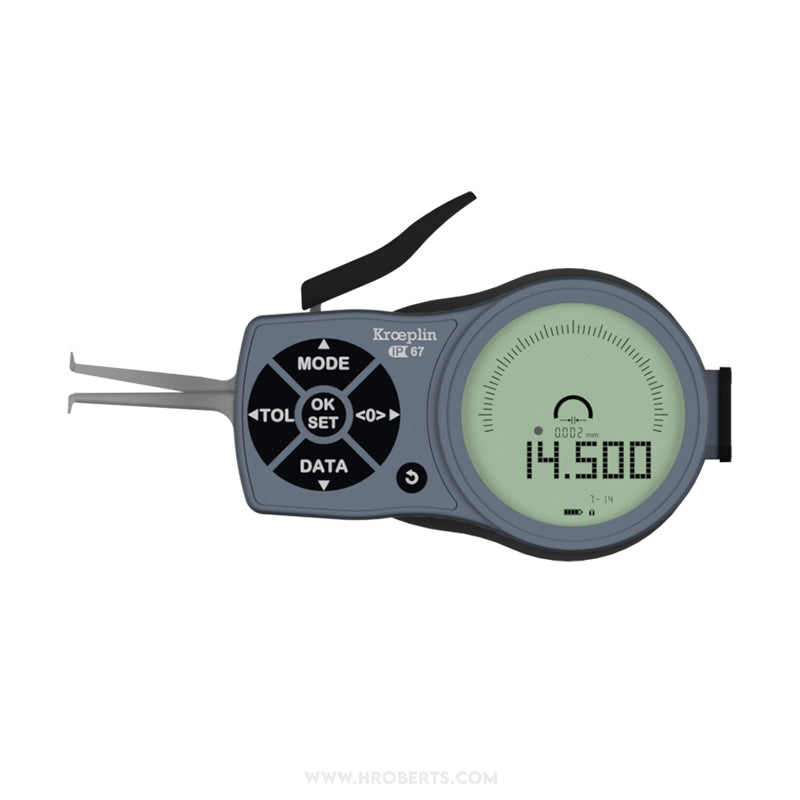 Kroeplin L107P3 Digital Internal Caliper Gauge, 3-Point Contact, Range 7-14mm, Resolution 0.001, 0.002, 0.005, 0.01, 0.02, 0.05mm, Measuring Depth 34mm, Measuring Contact Ball 0.6mm Diameter, IP67 Protection, Metric / Imperial Switchable