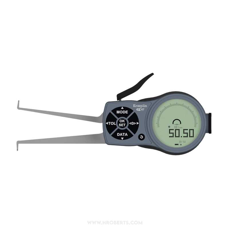 Kroeplin L230 Digital Internal Caliper Gauge, Range 30-50mm, Resolution 0.001, 0.002, 0.005, 0.01, 0.02, 0.05mm, Measuring Depth 85mm, Measuring Contact Ball 1mm Diameter, IP67 Protection, Metric / Imperial Switchable