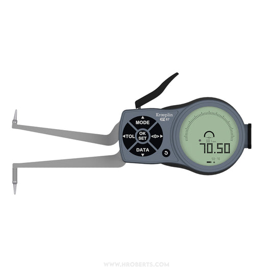 Kroeplin L250 Digital Internal Caliper Gauge, Range 50-70mm, Resolution 0.001, 0.002, 0.005, 0.01, 0.02, 0.05mm, Measuring Depth 85mm, Measuring Contact Ball 1mm Diameter, IP67 Protection, Metric / Imperial Switchable