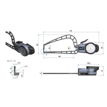 Mitutoyo 209-912 Outside Dial Caliper Gauge, Range 0-50mm, Graduation 0.05mm