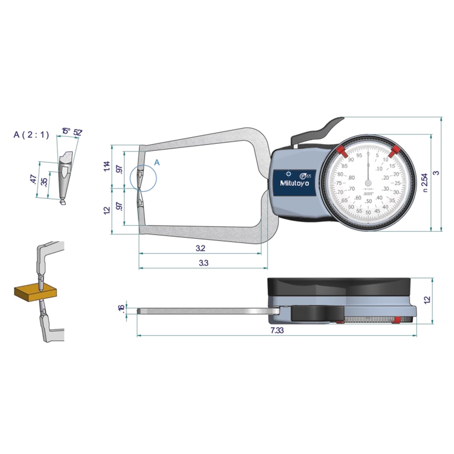 Mitutouo 209-455 Outside Dial Caliper Gauge, Range 0-0.8", Graduation 0.0005"