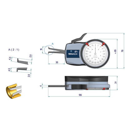 Mitutoyo 209-301 Inside Dial Caliper Gauge, Range 5-15mm, Graduation 0.005mm