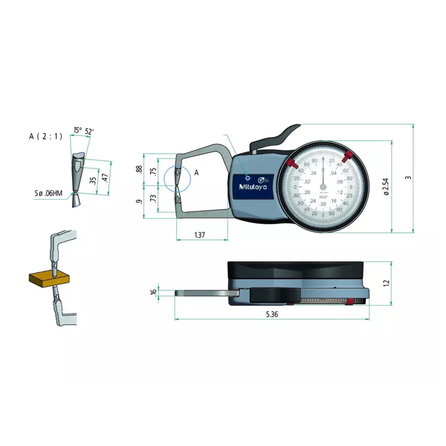 Mitutouo 209-450 Outside Dial Caliper Gauge, Range 0-0.4", Graduation 0.0002"