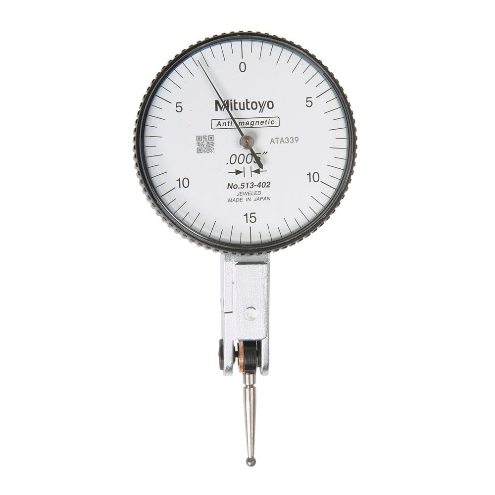 Mitutoyo 513-402E Lever Dial Indicator Horizontal Type, Graduation 0.0005", Range 0.03", Scale 0-15-0, Stylus Length 16.4mm, Bezel Diameter 40mm