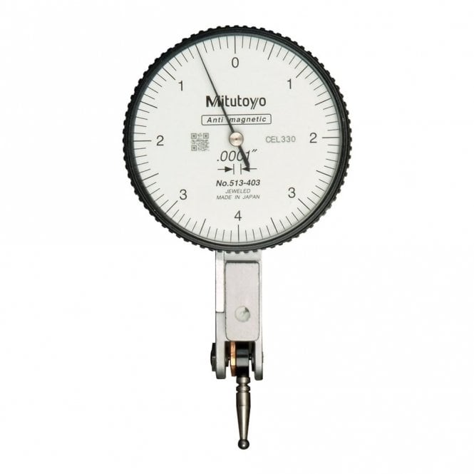 Mitutoyo 513-403T Lever Dial Indicator Horizontal Type, Graduation 0.0001", Range 0.008", Scale 0-4-0, Stylus Length 15.5mm, Bezel Diameter 40mm