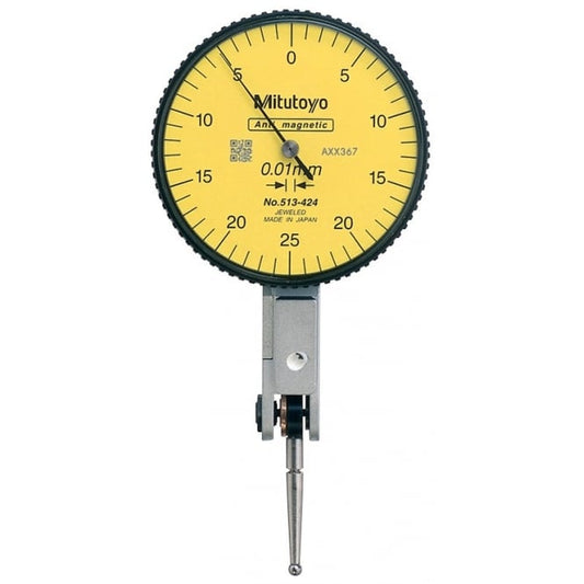 Mitutoyo 513-424E Lever Dial Indicator Horizontal Type, Graduation 0.01mm, Range 0.5mm, Scale 0-25-0, Stylus Length 18.7mm, Bezel Diameter 40mm