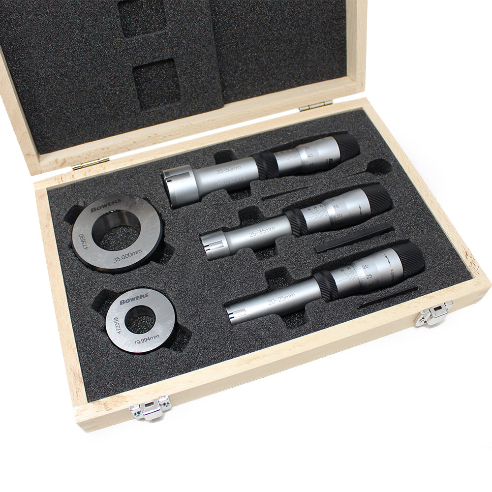 Bowers SXTA5M Analogue Bore Gauge Set, Range 20-50mm, Graduation 0.005mm, 3-Point Contact, Supplied with Setting Rings and Ukas Certificates